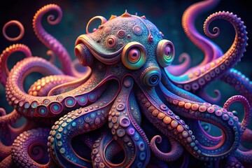 Obraz premium A vibrant, bioluminescent cephalopod with iridescent skin and intricate, swirling tentacles, a mesmerizing underwater spectacle