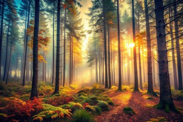 Obraz premium Sunlight Through Autumnal Forest Landscape