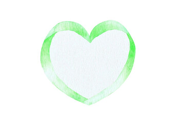 水彩絵の具で手描きしたコピースペースのあるハート型の飾り（緑色、黄緑色）
