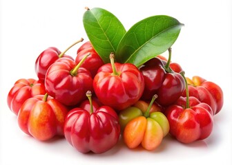 A vibrant pile of ripe acerola cherries with lush green leaves