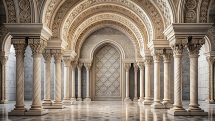 Elegant Hallway with Intricate Architectural Details and Ornate Columns in a Palace-like Setting