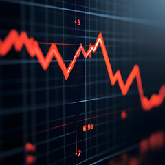 Close-up of a digital financial graph with red lines on a dark background, showing stock market trends and data fluctuations.