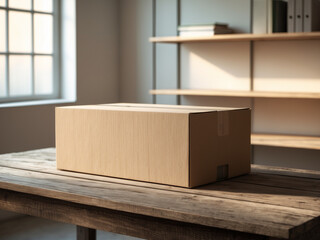 Fototapeta premium A cardboard box sits on a wooden table in a well-lit room with shelves and a window in the background, creating a simple and organized scene.
