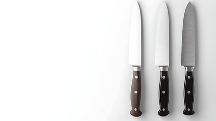 Three chef's knives on white background, kitchen tools, flat lay, product display, for catalog or recipe