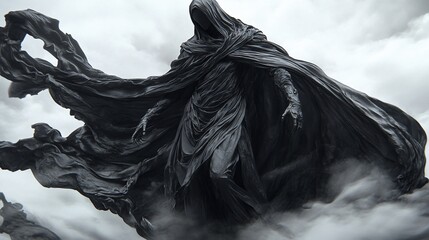 Ethereal figure in billowing cloak, dark and mysterious against a clouded backdrop