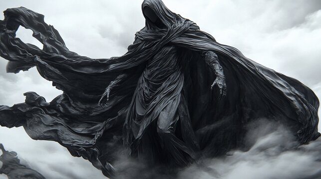 Ethereal figure in billowing cloak, dark and mysterious against a clouded backdrop