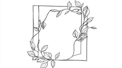 Fototapeta premium Minimalist black and white continuous line square floral frame with delicate leaves, elegant boho chic botanical contour design for decorative art and creative graphic concepts