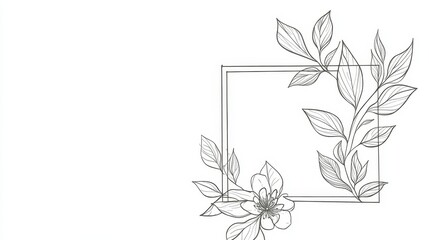 Minimalist black and white continuous line square floral frame with delicate leaves, elegant boho chic botanical contour design for decorative art and creative graphic concepts
