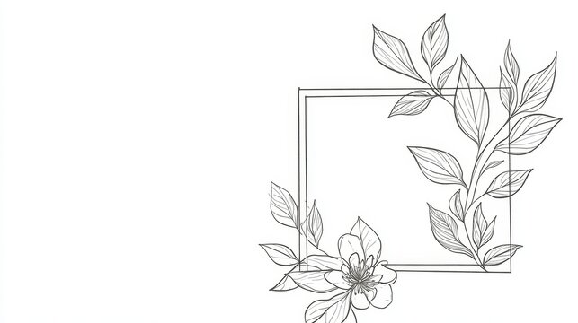 Minimalist black and white continuous line square floral frame with delicate leaves, elegant boho chic botanical contour design for decorative art and creative graphic concepts