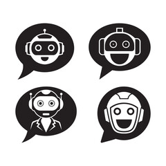 AI Chatbot Silhouette Vector Icon Set – Collection of Four Robot Chat Bubble Icons Representing Virtual Assistant, Artificial Intelligence, Customer Support, and Machine Learning Communication