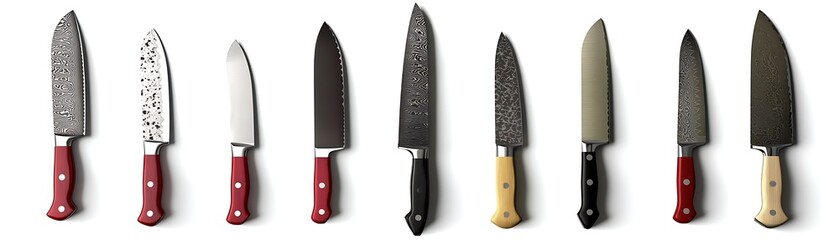 Variety of kitchen knives, flatlay