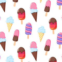 Colorful Ice Cream and Popsicle Seamless Pattern. Vector illustrations. Sweet dessert Background
