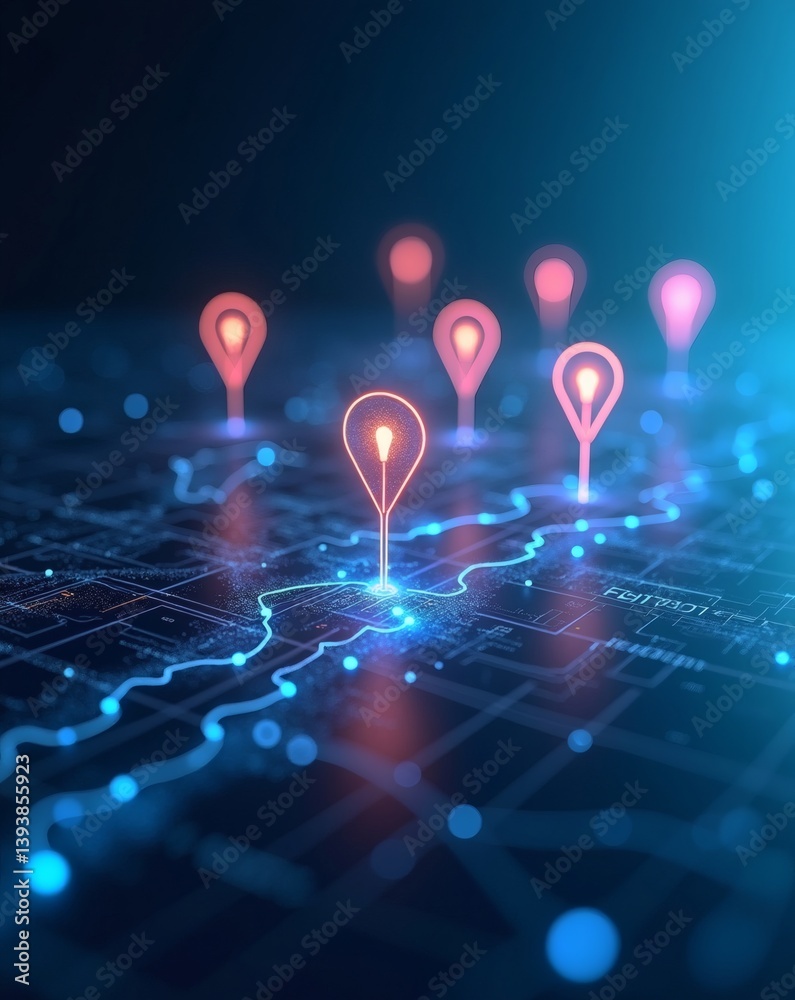 Poster A digital map with glowing location markers representing various destinations, set against a dark background