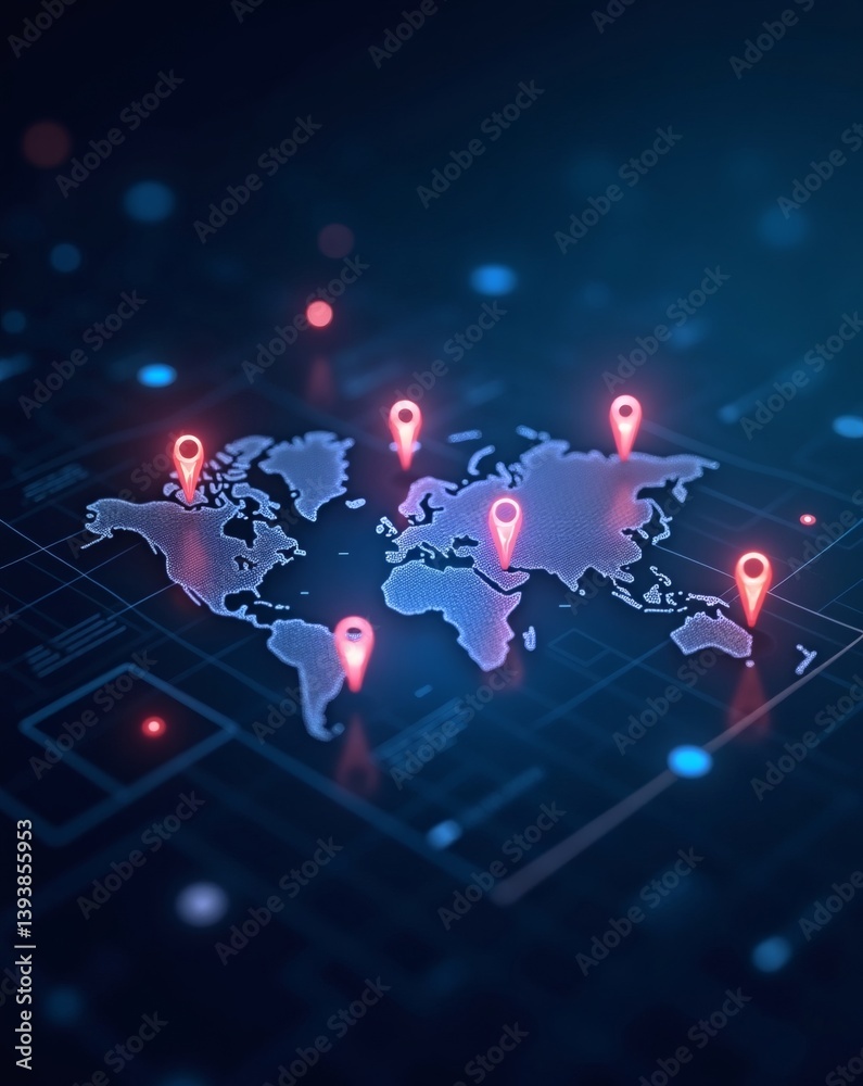 Poster a digital map of the world showcasing connectivity and global reach, with glowing markers pinpointin