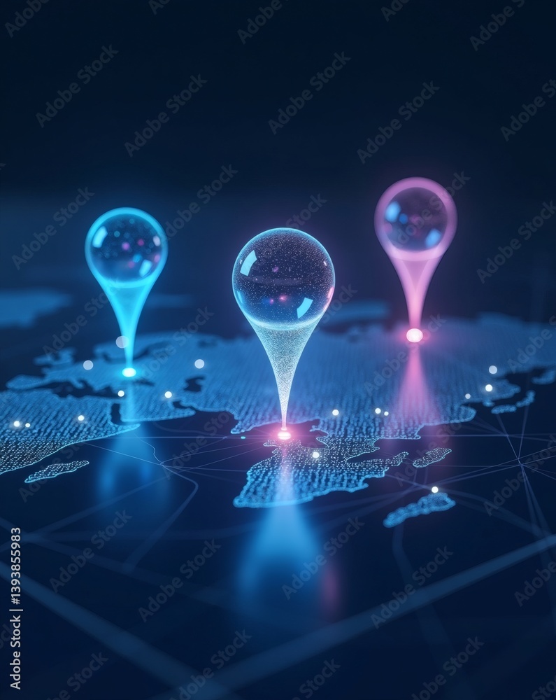 Poster Illuminated glowing location markers on a digital world map, signifying global connections and network