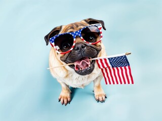 A playful pug sits happily, showcasing vibrant sunglasses adorned with stars and stripes, holding a tiny American flag between its teeth, embodying festive cheer and joy.