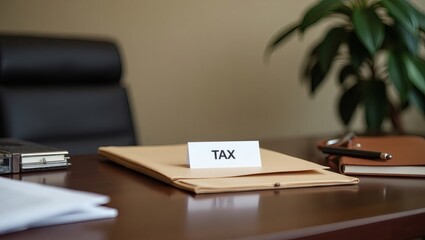 a desk with a tax sign on a folder and with the notebook and pen