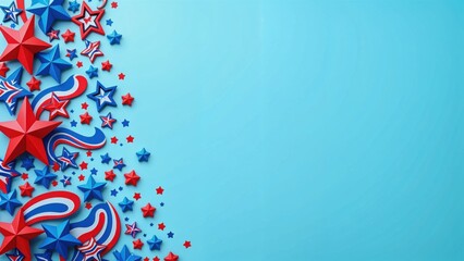 Bright red and blue stars and swirls dance across an aqua backdrop, embodying summer festivities and patriotic spirit, perfect for parties or seasonal gatherings.