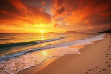 Obraz premium footprints in the sand on a beach at sunset