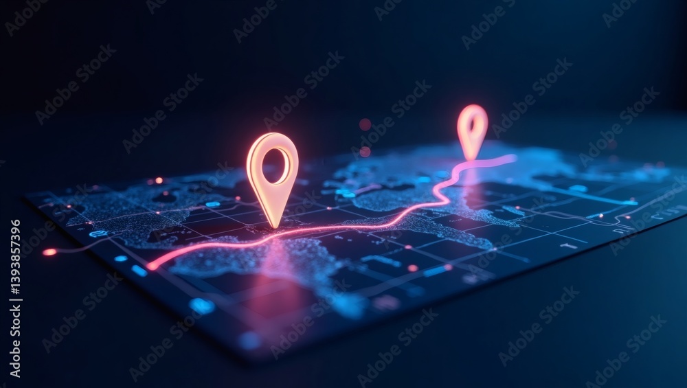 Poster a glowing map with pin markers and a connecting line, representing navigation and travel