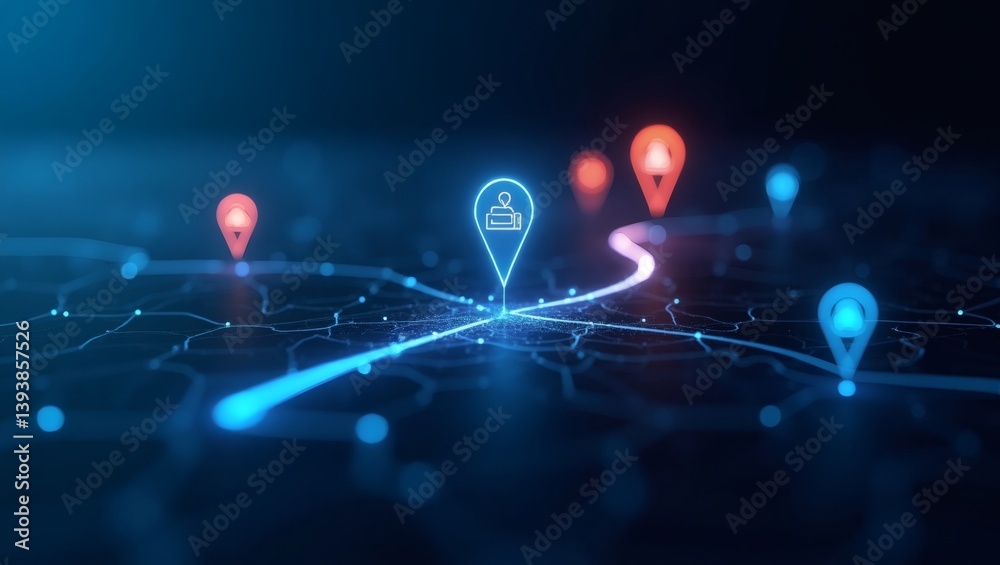 Poster Navigating a digital map with pinpointed locations, highlighting the journey and direction. A captivating visual for exploration and travel