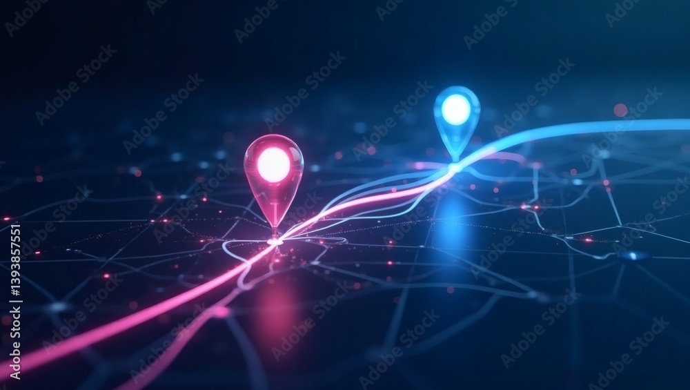 Leinwandbilder navigational pins connected by a glowing line, charting a course through an abstract network
