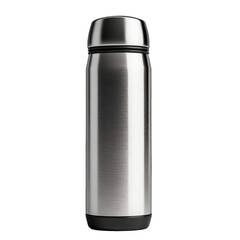 Sleek stainless steel thermos bottle standing upright against a plain background, ideal for outdoor activities