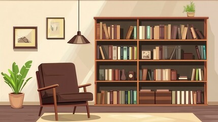 Cozy reading nook with armchair, bookshelf, and plants.