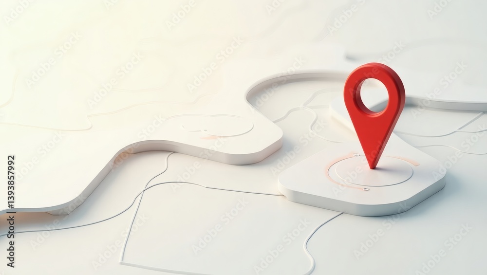 Poster a vibrant red location marker pinpoints a destination on a minimalist, elevated map, with an eye-cat