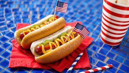 Enjoying a vibrant summer day, two mouthwatering hot dogs adorned with mustard and jalapenos rest on a red napkin. Miniature flags celebrate the occasion beside a striped drink cup.