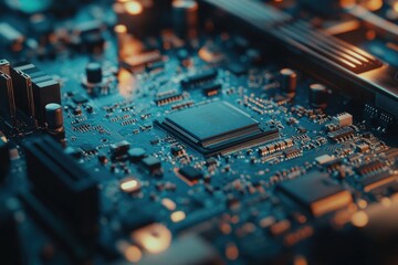 Close-up of a circuit board showcasing intricate electronic components and circuitry.