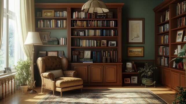 Sunlit library with leather armchair, bookshelves, and antique decor.