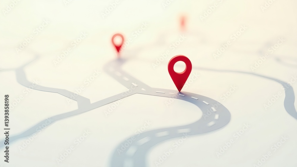 Poster an illustration showcasing a map featuring several location markers, guiding the viewer along a path