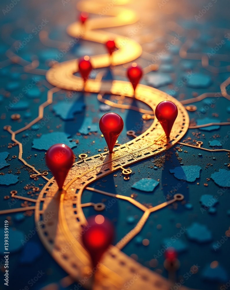 Poster a conceptual image showing a golden path with red markers on a digital circuit board