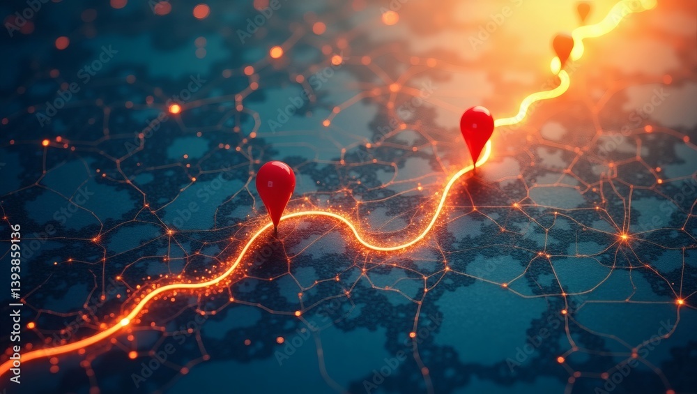 Poster the journey of innovation: a visualization of interconnected points and a glowing line, symbolizing 