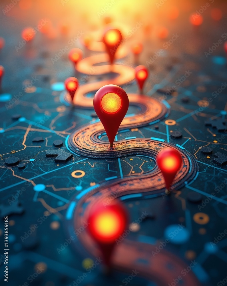 Poster a digitally rendered map with a path marked by red location pins, guiding towards a successful desti