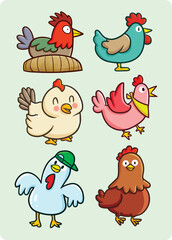 Funny and cute chicken cartoon character set