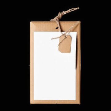 Blank tag on brown cardboard box with string, against black background  concept of labeling and packaging.