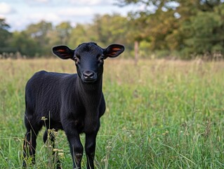 Black Calf Standing in Tall Green Grass Pasture Looking at Camera
