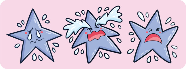 Cute and funny blue star cartoon characters set in sad expressions