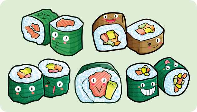 Cute and funny sushi cartoon character set