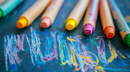 Obraz premium Colorful crayons on black surface with vibrant drawings