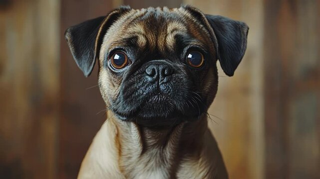 A close-up portrait of a cute pug with expressive eyes.