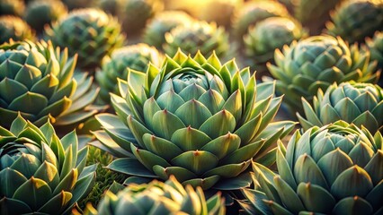 Obraz premium Golden Hour Succulents A Field of Vibrant Green Plants Basking in Warm Sunlight