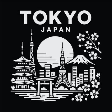 Monochrome Tokyo Japan skyline illustration featuring Mt. Fuji, cherry blossoms, iconic towers, and traditional pagoda. Perfect for travel-themed apparel.