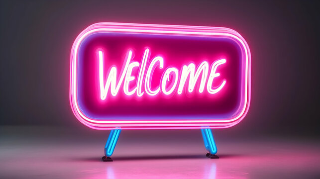 Pink and Blue Neon Welcome Sign with Pixelated Design - Powered by Adobe