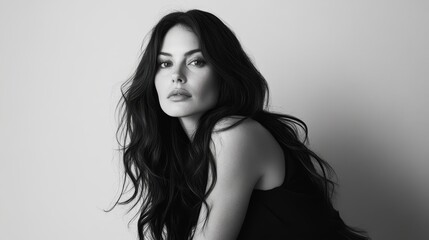 Naklejka premium Minimalist portrait of a woman dressed in black, with flowing long hair, facing the camera directly, symmetrical composition, white background, and shallow depth of field.