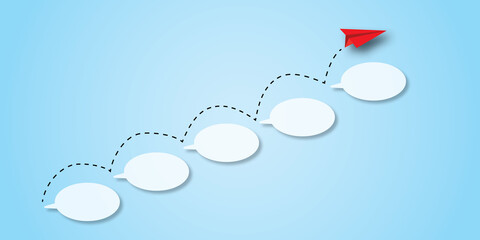 Red paper plane rising step up the speech bubble as metaphor for business and financial growth, Success and financial developing, Success in business growth concept. copy space. paper cut design.