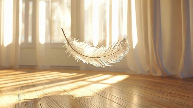 A delicate feather floats in warm sunlight in a serene interior.