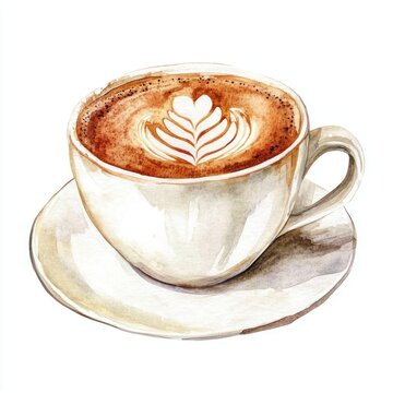 Hand-drawn illustration coffee cup latte watercolor beverage.